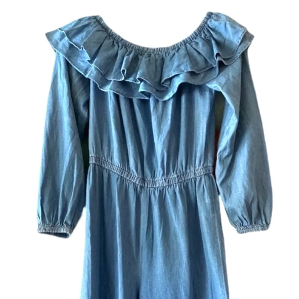MICHAEL KORS Denim Chambray RUFFLE ON/OFF SHOULDER JUMPSUIT Small …Boho casual